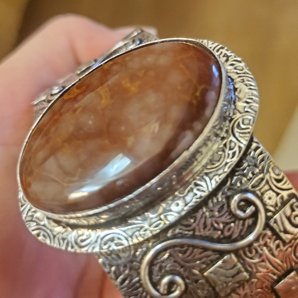 New Oversized Seam Agate 925 Silver Cuff Bracelet. - Picture 4 of 15
